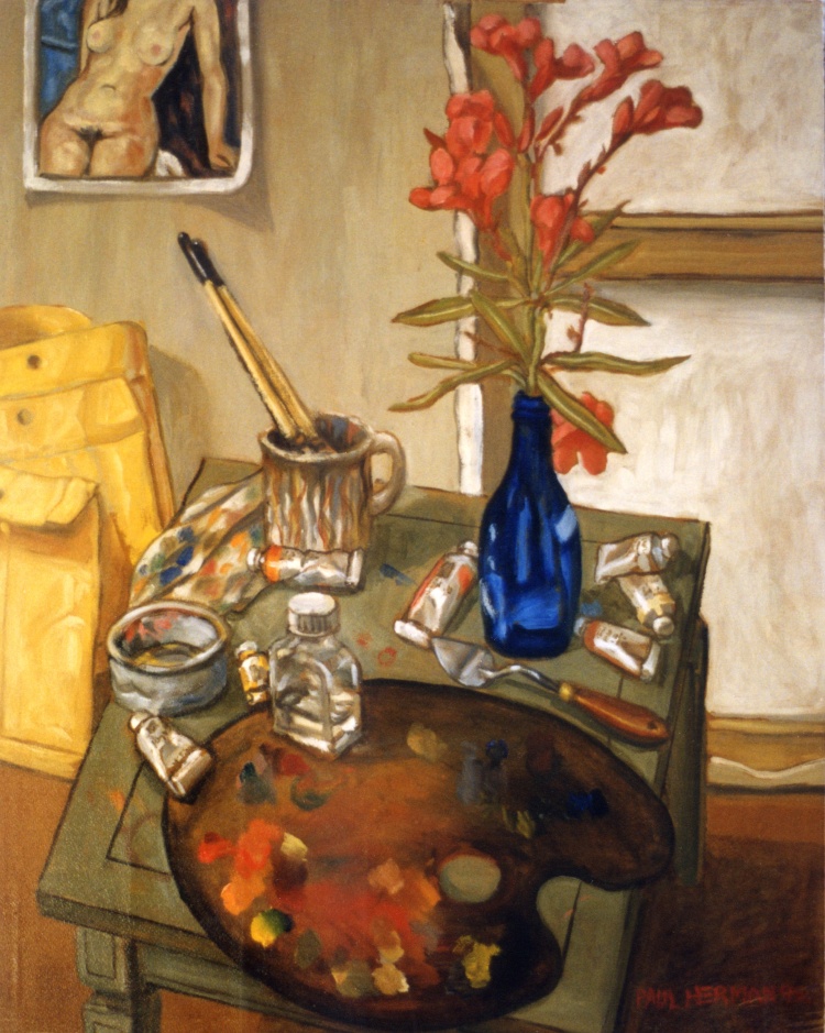 Painting, oils on pastel paper. Still life, studio table in Los Angeles. 